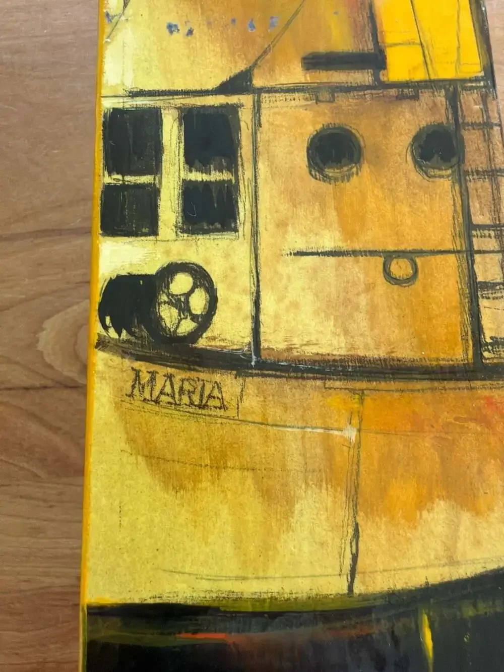 Irwin Mid-Century Modern Hand Painted Wood Block Nautical Art Maria Boat